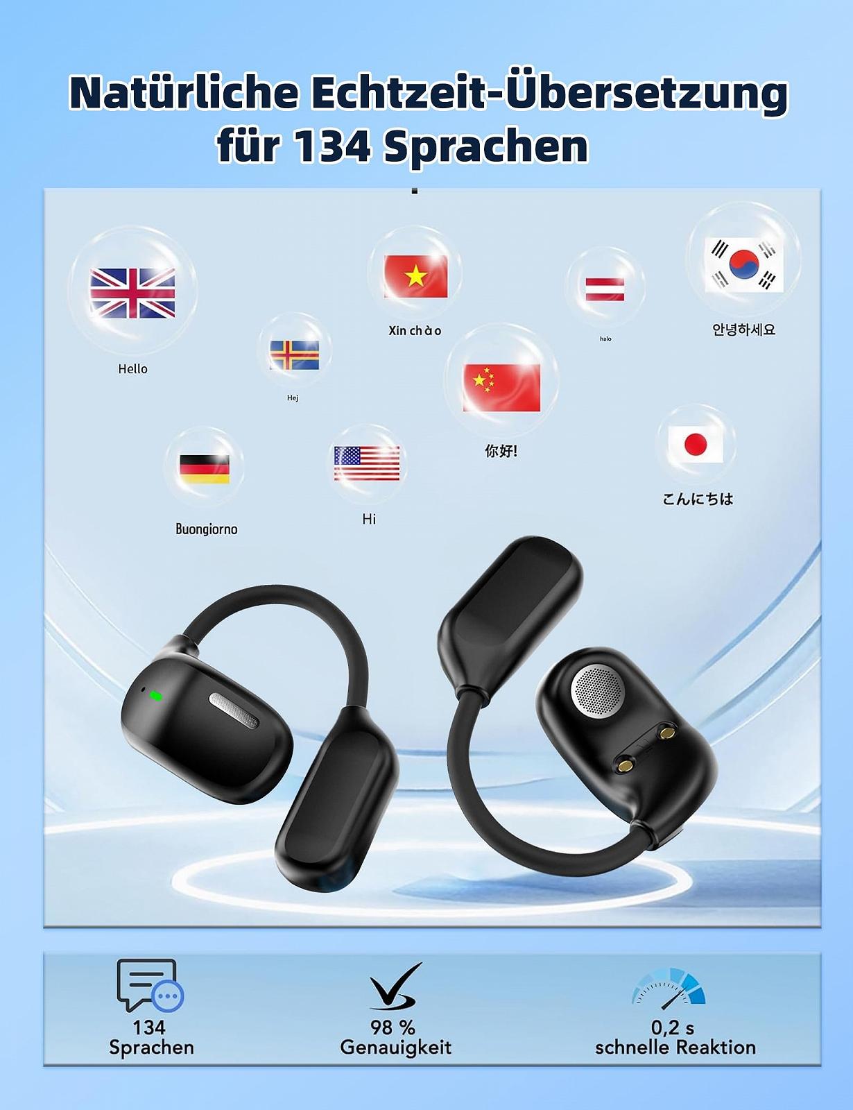 Навушники-перекладач KitGody 3-в-1 з сенсорним екраном, 134 мови, Bluetooth 5.4, ENC, Hi-Fi звук, фото №7