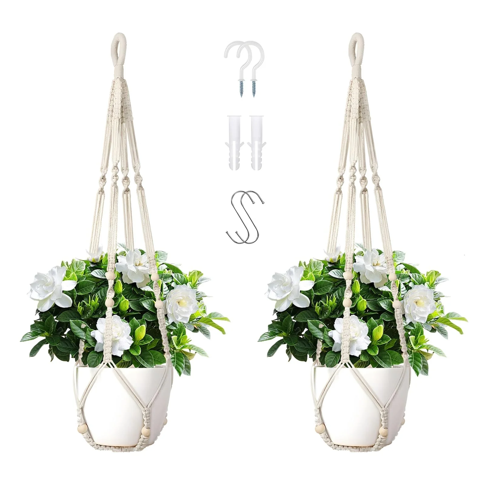 Подвесные корзины макраме Набор из 2 шт хлопковые 89 см с крючками Белый, фото №1