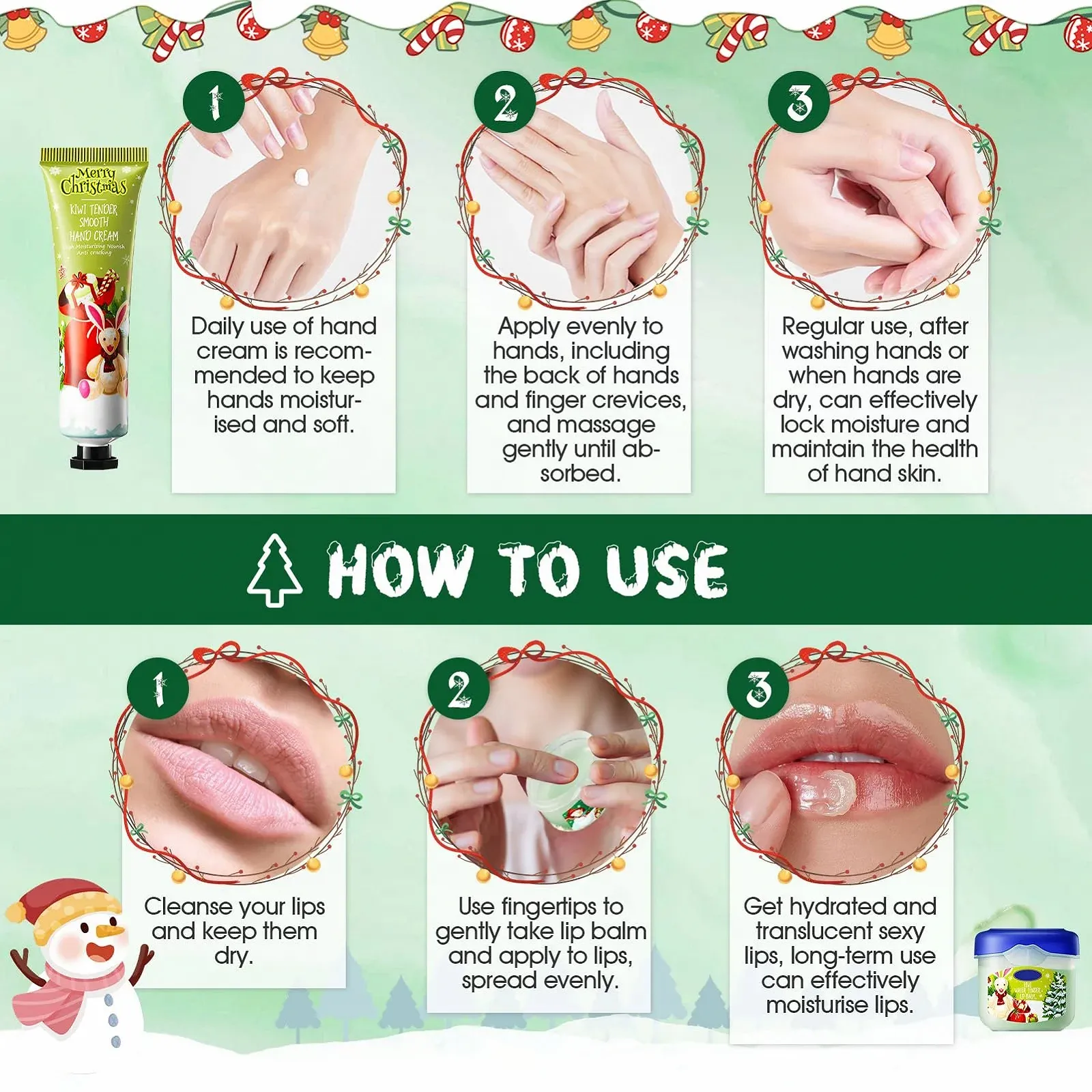 Набор для рук Allony Mini Christmas, 4 шт. рождественский крем для рук + 4 шт. бальзам для губ, крем для рук для очень сухой кожи, набор рождественских кремов для рук, подарочный набор на Рождество и день рождения, фото №6
