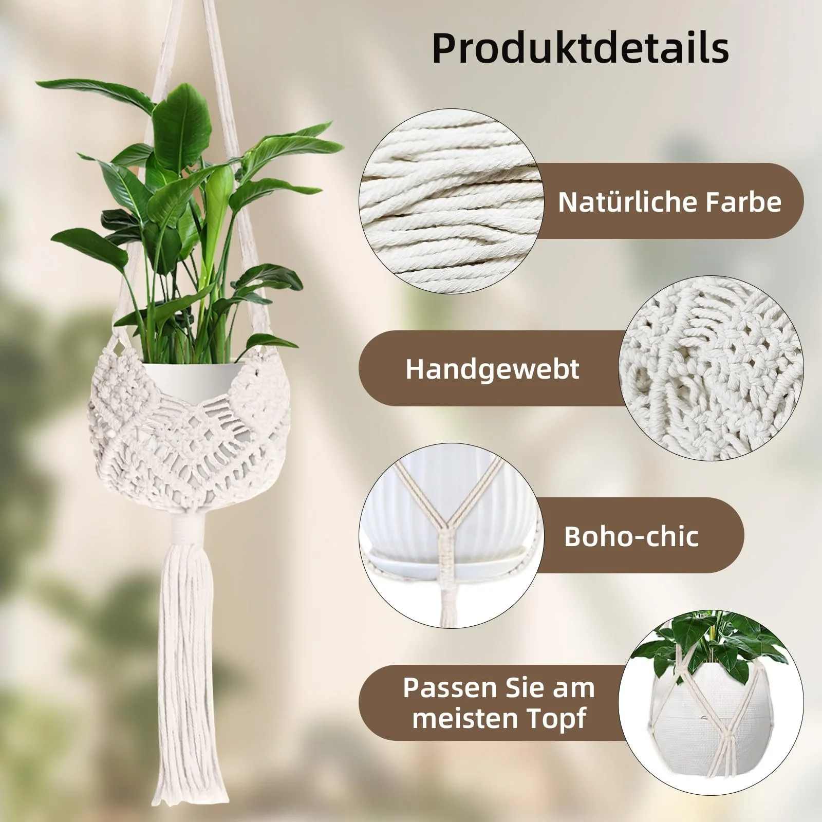 Набір підвісних кашпо макраме з бавовняної мотузки 5 шт. з гачками, фото №3