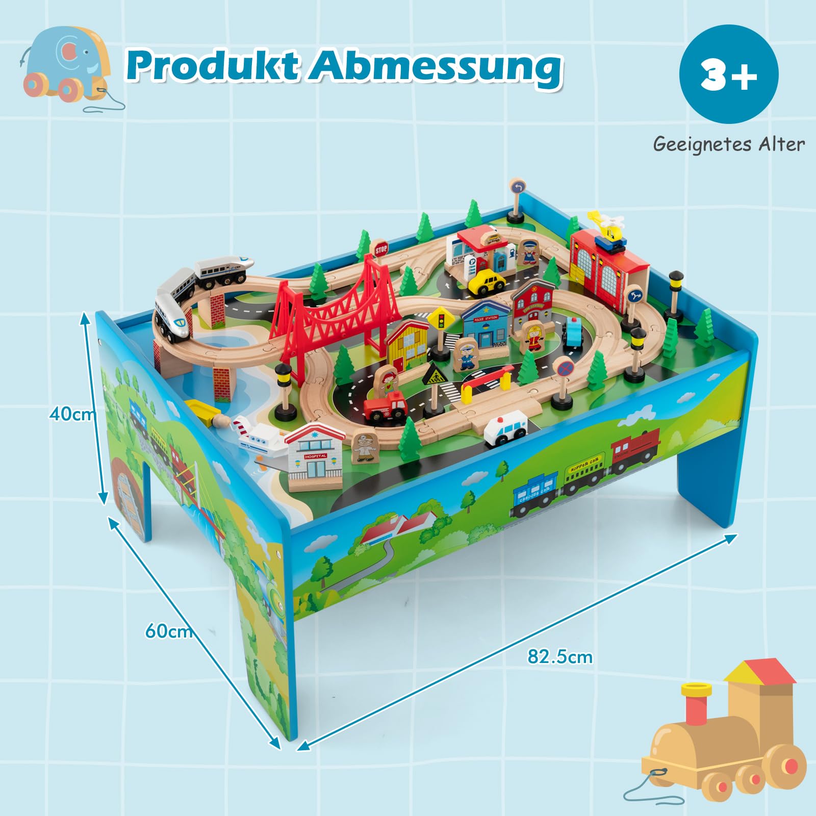 Ігровий стіл GOPLUS з дерева з 80-елементним залізничним набором, фото №6 Ігровий стіл GOPLUS з дерева з 80-елементним залізничним набором, фото №6