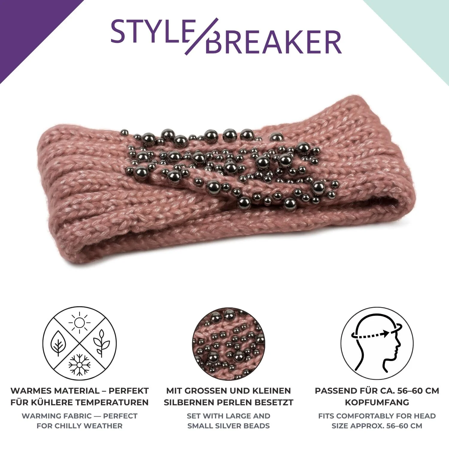 В'язана пов'язка на голову жіноча styleBREAKER з зав'язкою, вузлом і перлинами 04026022, колір: Old Rose, фото №3 В'язана пов'язка на голову жіноча styleBREAKER з зав'язкою, вузлом і перлинами 04026022, колір: Old Rose, фото №3