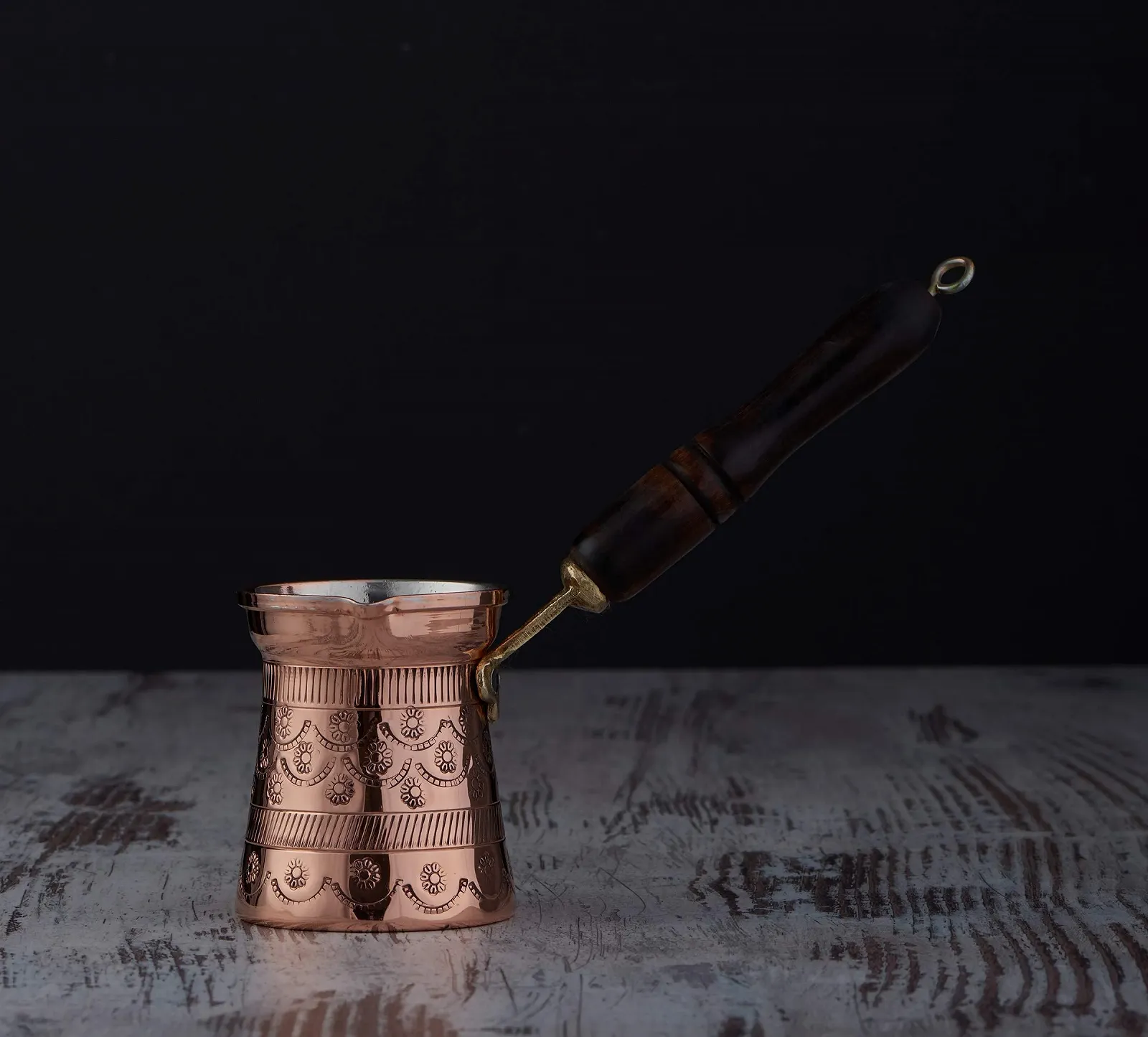 Турка DEMMEX Мідна Cezve Ibrik Briki з дерев'яною ручкою 200 мл, з квітковим візерунком, фото №2