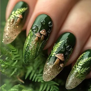 Накладные ногти FrostyFlair Press On Nails миндалевидные длинные зеленые с листьями 24 шт. - Фото 1