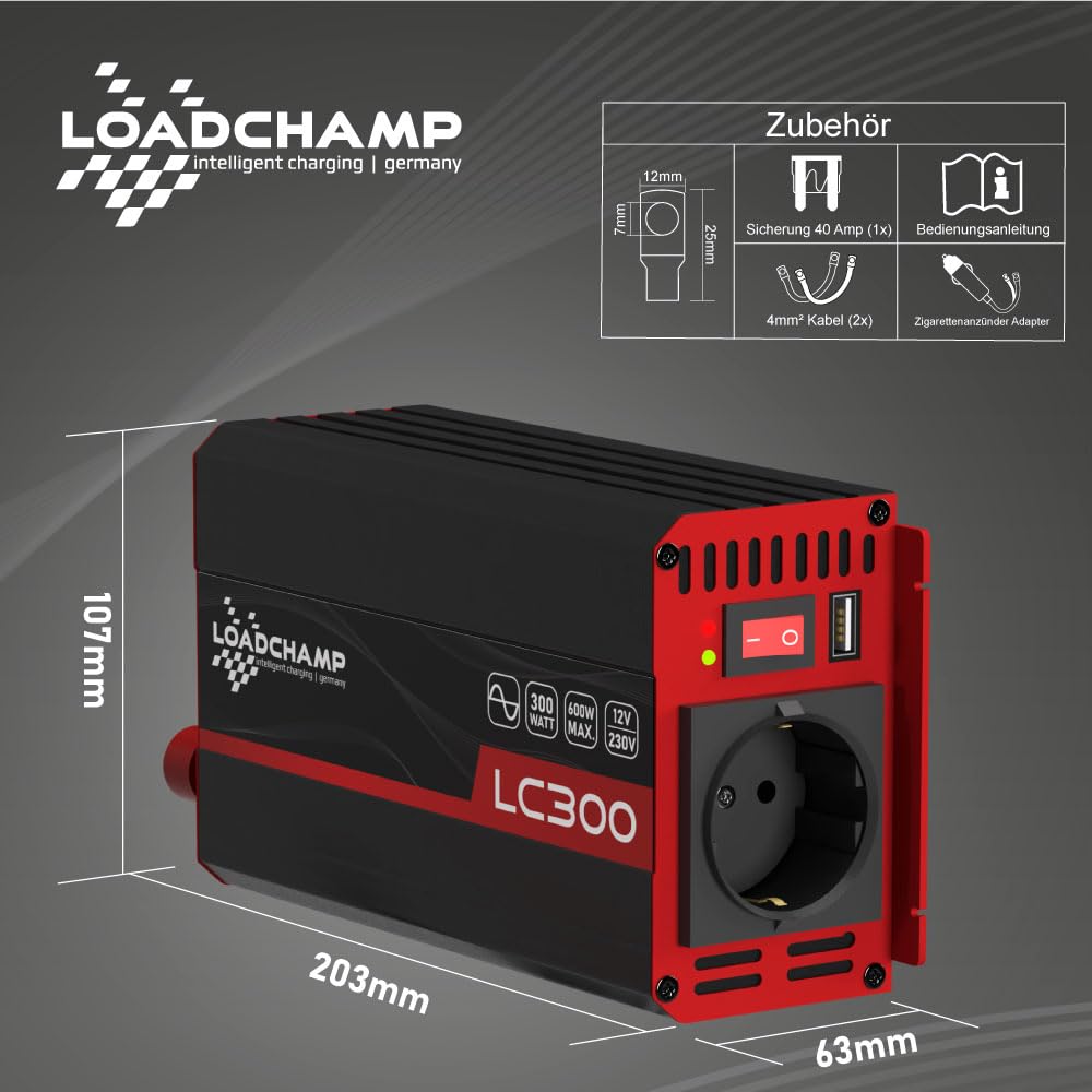 Инвертор Loadchamp Pure Sine Wave Voltage Converter 12 V 230 V 300 W / 600 W LCD Display Solar Caravan, фото №6