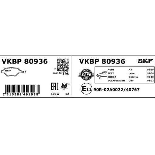 Комплект тормозных колодок, дисковый тормоз SKF VKBP 80936 для AUDI SEAT SKODA VW, фото №2