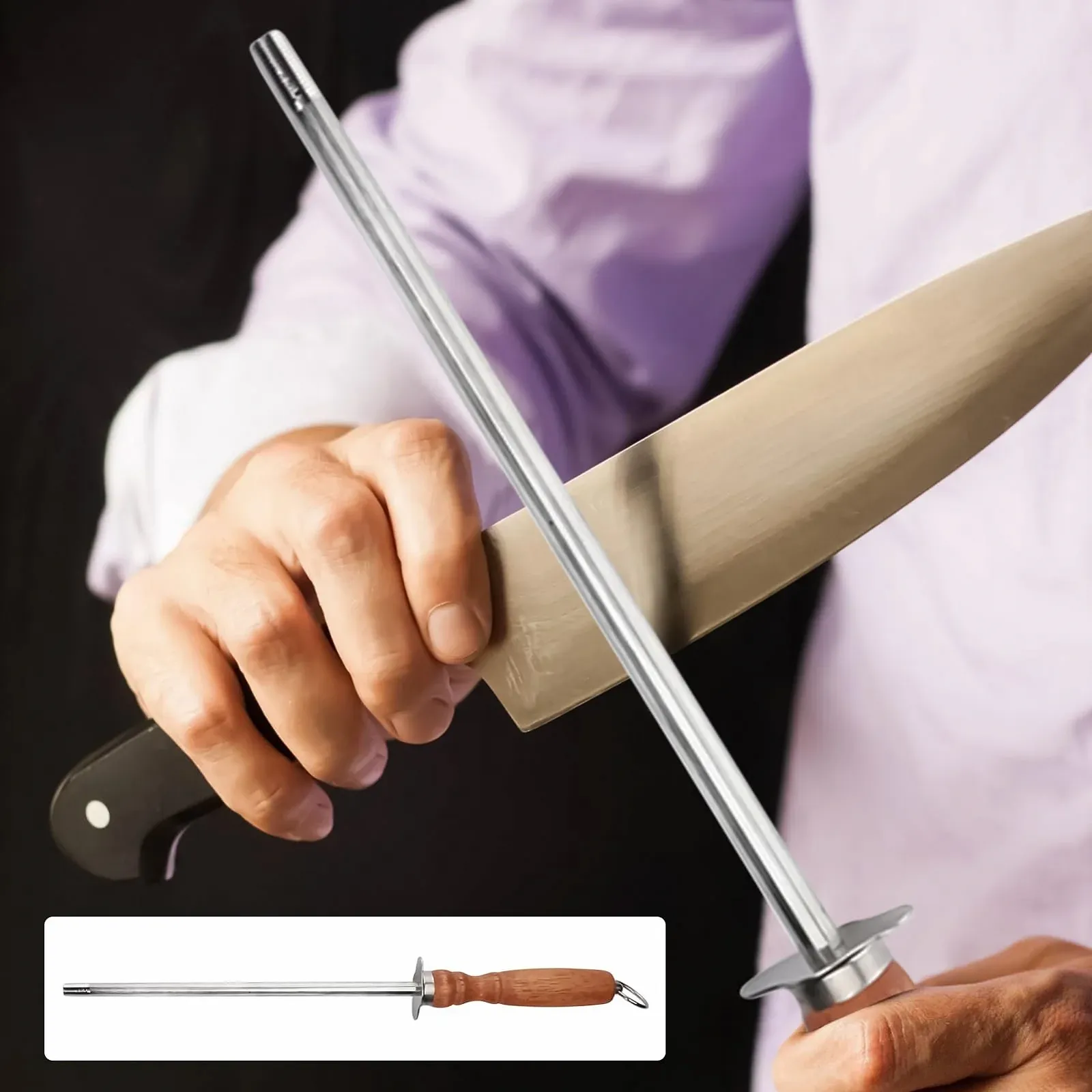 Мусат для заточування ножів 30 см дерево нержавіюча сталь багатофункціональний, фото №7