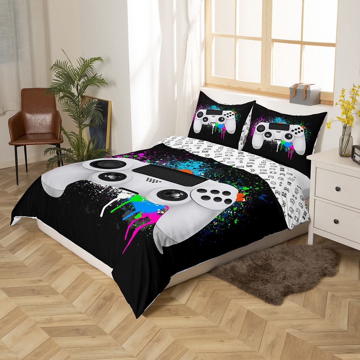 Постільна білизна Homemissing Gamer Game, 135 x 200 см, чохол на ковдру з відеоігровим контролером, білосніжна постільна білизна Gamepad Tie Dye, барвистий чохол на ковдру Tie Dye, фото №3