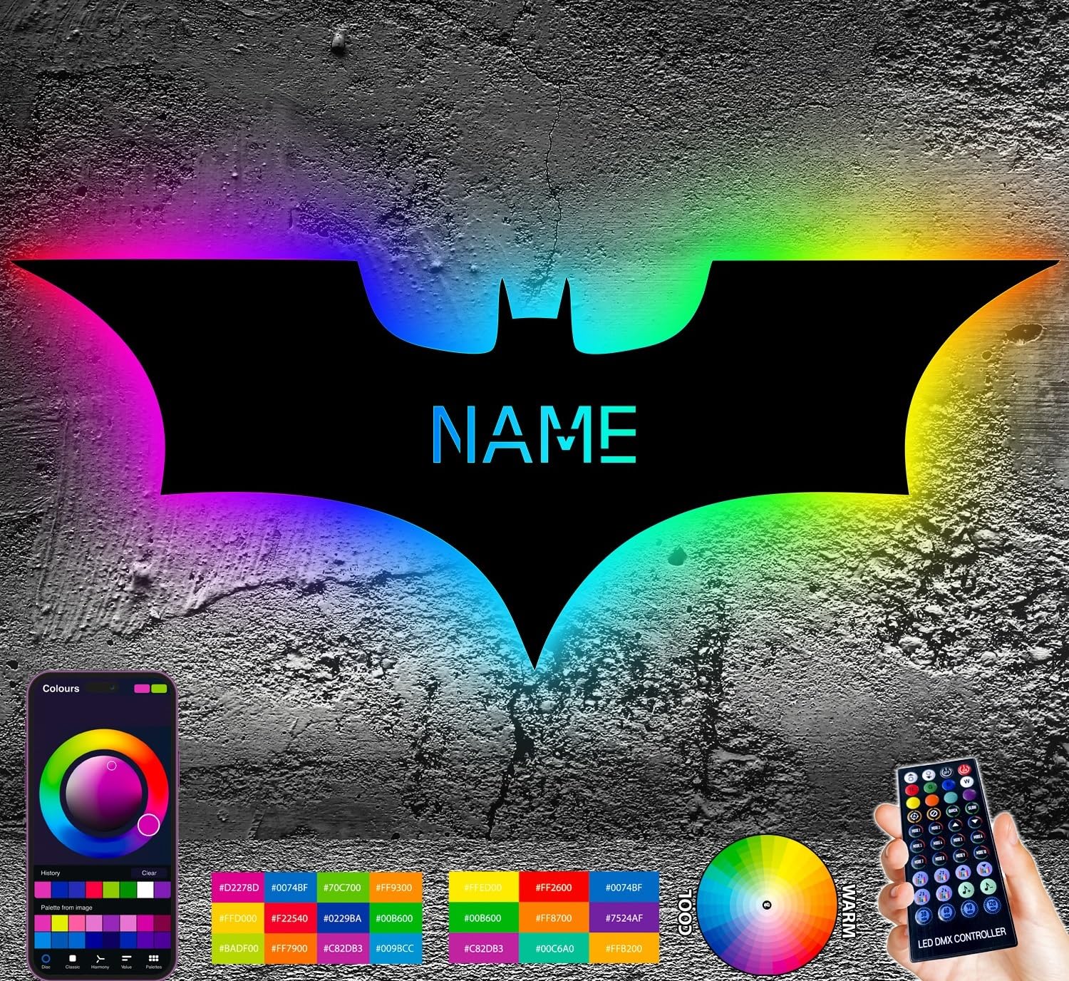 Светильник LEON - FOLIEN Bat LED RGB Персонализированный с вашим именем 16 USB LED цветов Подарок в 13 цветах MDF Wood, фото №1