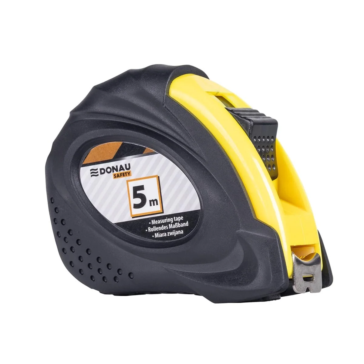 Рулетка DONAU SAFETY Professional 5 м, металлическая, 18 мм x 5 м, блистерная упаковка, черно-желтая, управление одной рукой, зажим для ремня, 2 кнопки остановки, с резиновыми элементами, фото №1 Рулетка DONAU SAFETY Professional 5 м, металлическая, 18 мм x 5 м, блистерная упаковка, черно-желтая, управление одной рукой, зажим для ремня, 2 кнопки остановки, с резиновыми элементами, фото №1