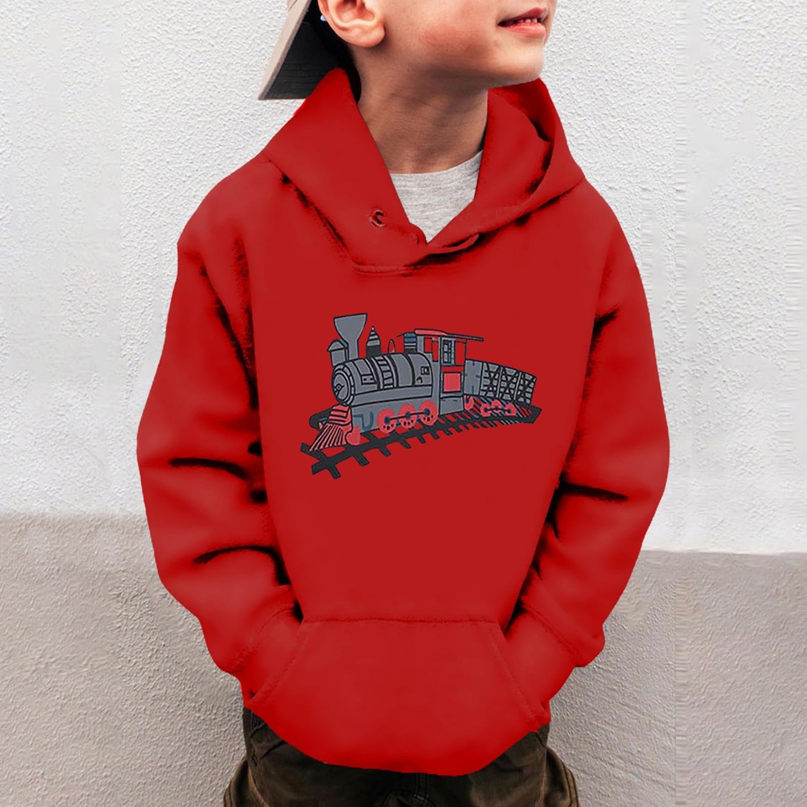 Худі дитяче для хлопчиків з мультяшним принтом поїзда, утеплена толстовка, фото №3