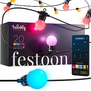 Гірлянда Twinkly Festoon 20 LED RGB, багатоколірна, для внутрішнього та зовнішнього освітлення, 10 м, чорний кабель - Фото 1