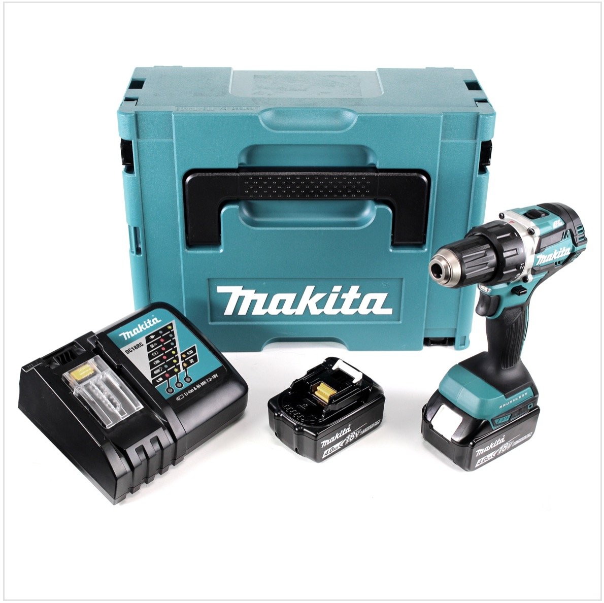 Шурупокрут Makita DDF 484 Безщітковий 54 Нм у Makpac RMJ Акумуляторний дриль з 2 x BL1840 4.0 Ач батареєю та зарядним пристроєм DC18RC, фото №1