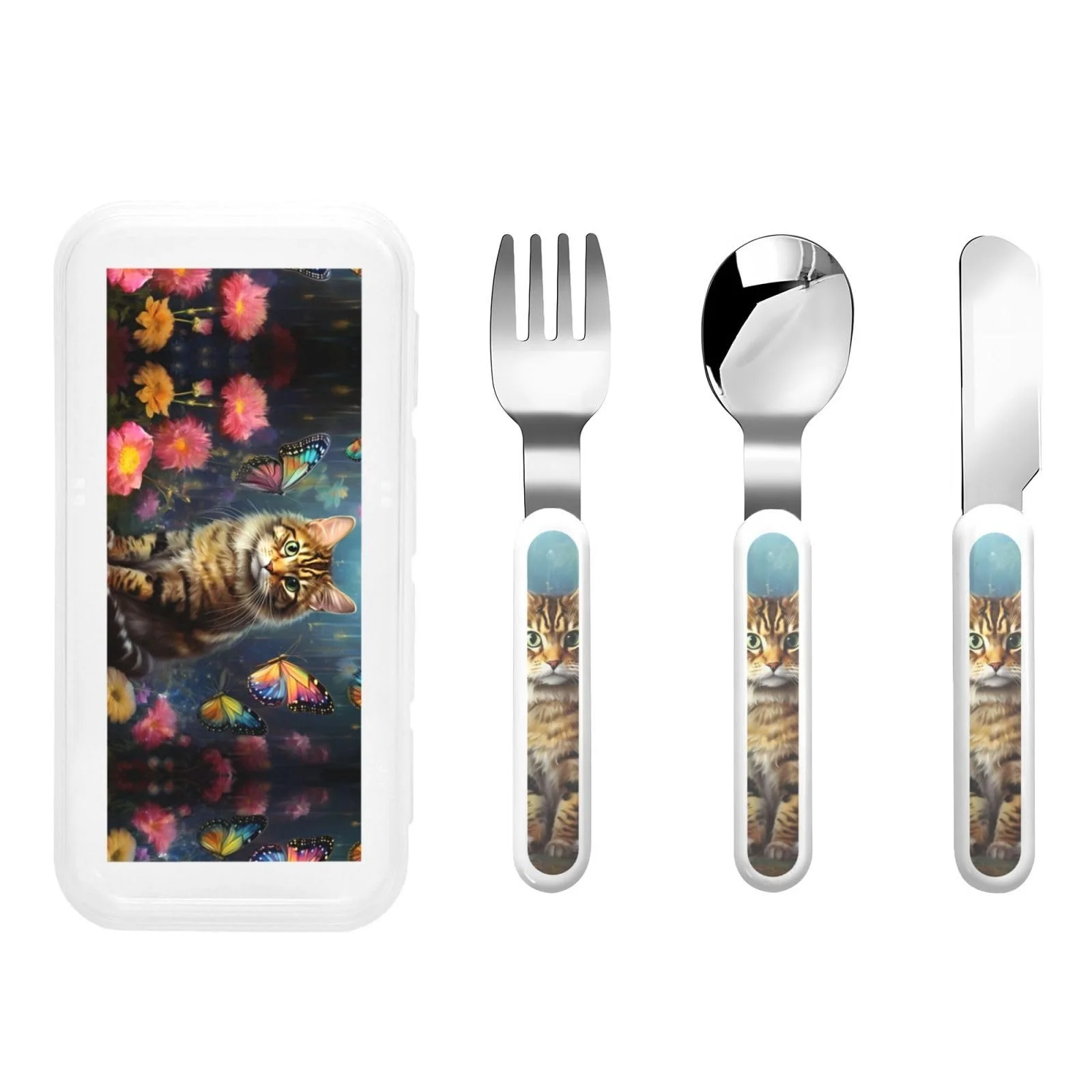 Дитячий набір столових приборів з принтом кошеняти, 3 предмети, фото №1 Дитячий набір столових приборів з принтом кошеняти, 3 предмети, фото №1