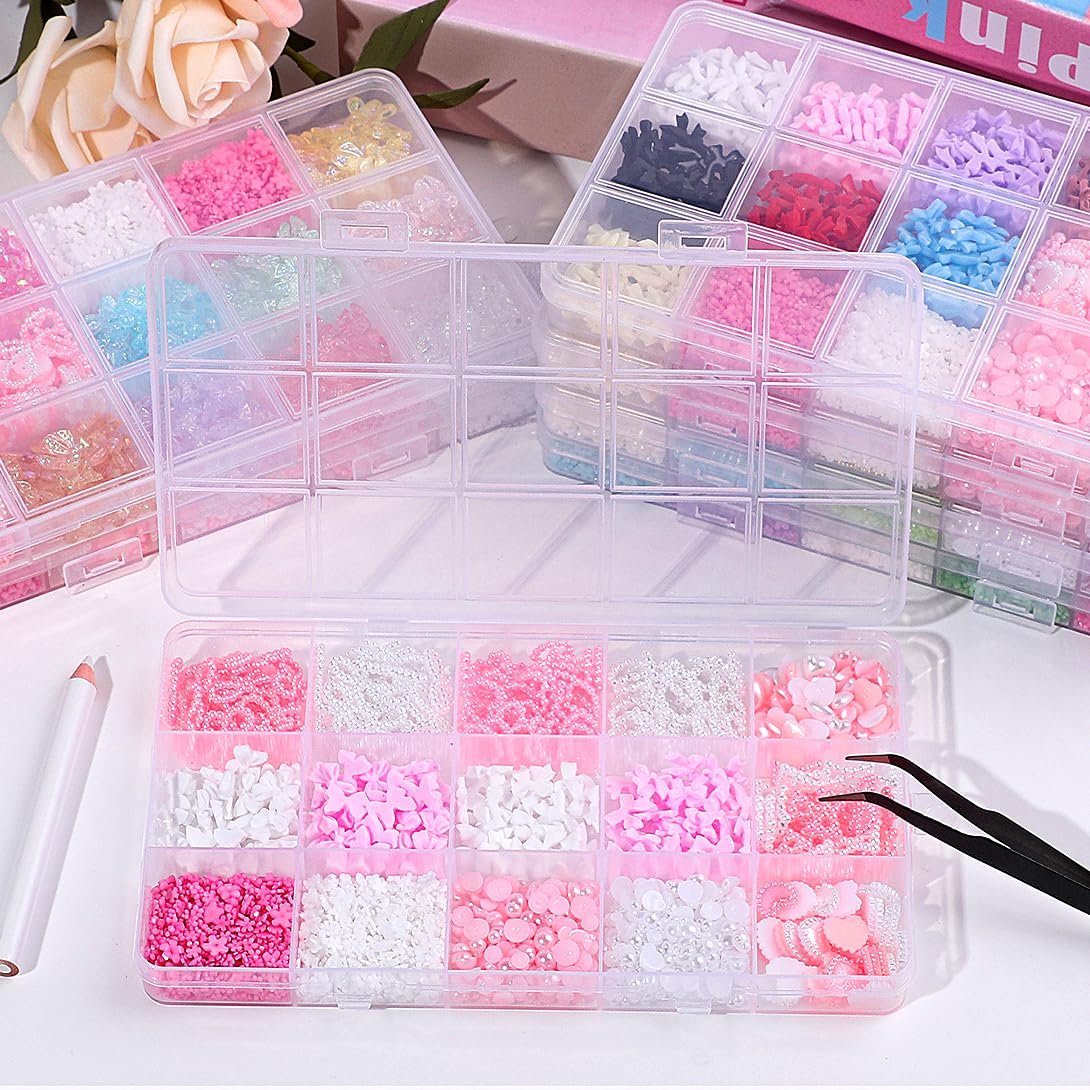 Набір для 3D прикрас для нігтів, 15 відділень, рожево-білі смоляні у вигляді серця, краватки-метелика, квітки, перлин своїми руками, фото №6
