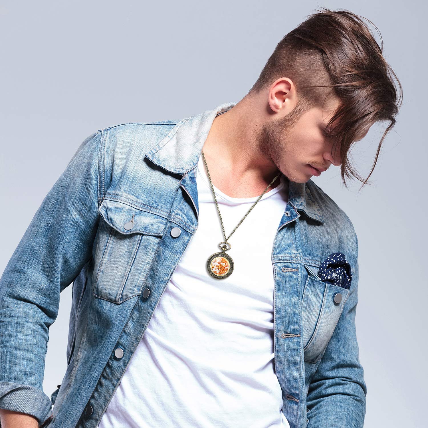 Часы JewelryWe Мужские Карманные Подарок на День Отца Ретро Королевский Флеш / Компас / Цветы / Колокол / Мотоцикл Цепные Аналоговые Кварцевые Часы Подвеска с Цепочкой Бронзовые, фото №2