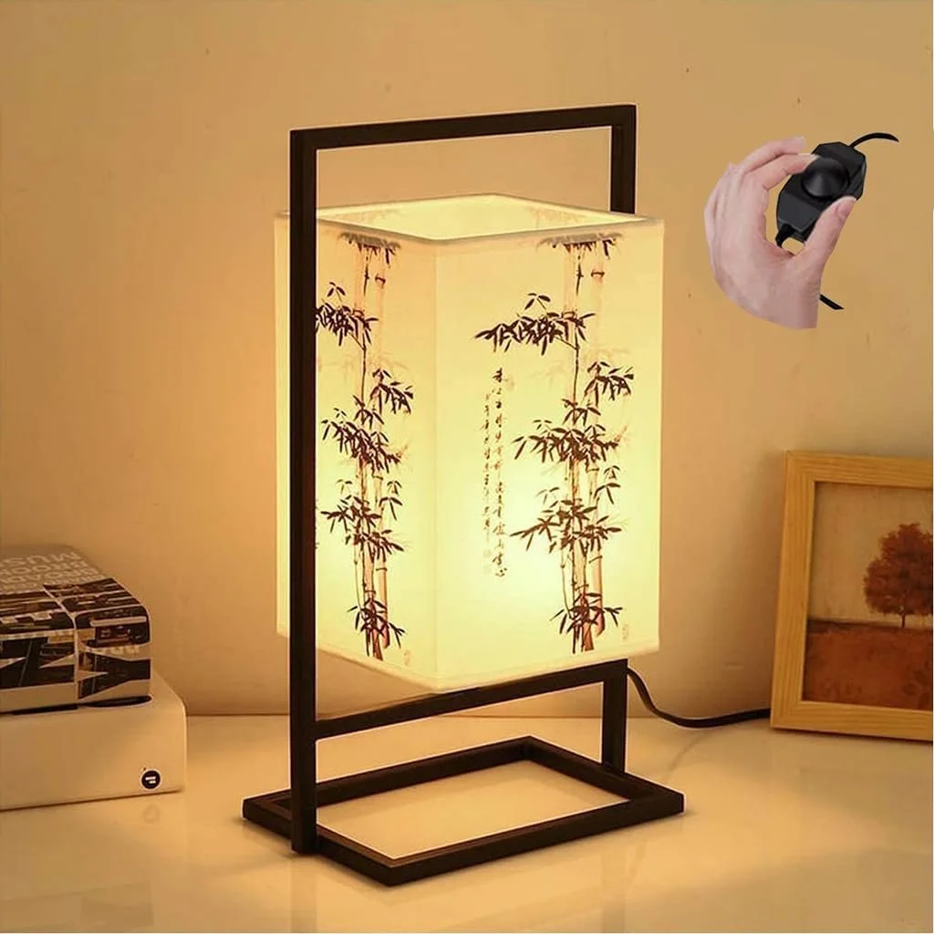 Настільна лампа Japanese японська приліжкова індустріальна з чорною металевою рамою та квадратним тканинним абажуром Регульована яскравість Квітка сливи, фото №1