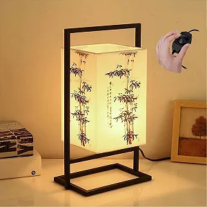 Настільна лампа Japanese японська приліжкова індустріальна з чорною металевою рамою та квадратним тканинним абажуром Регульована яскравість Квітка сливи - Фото 1