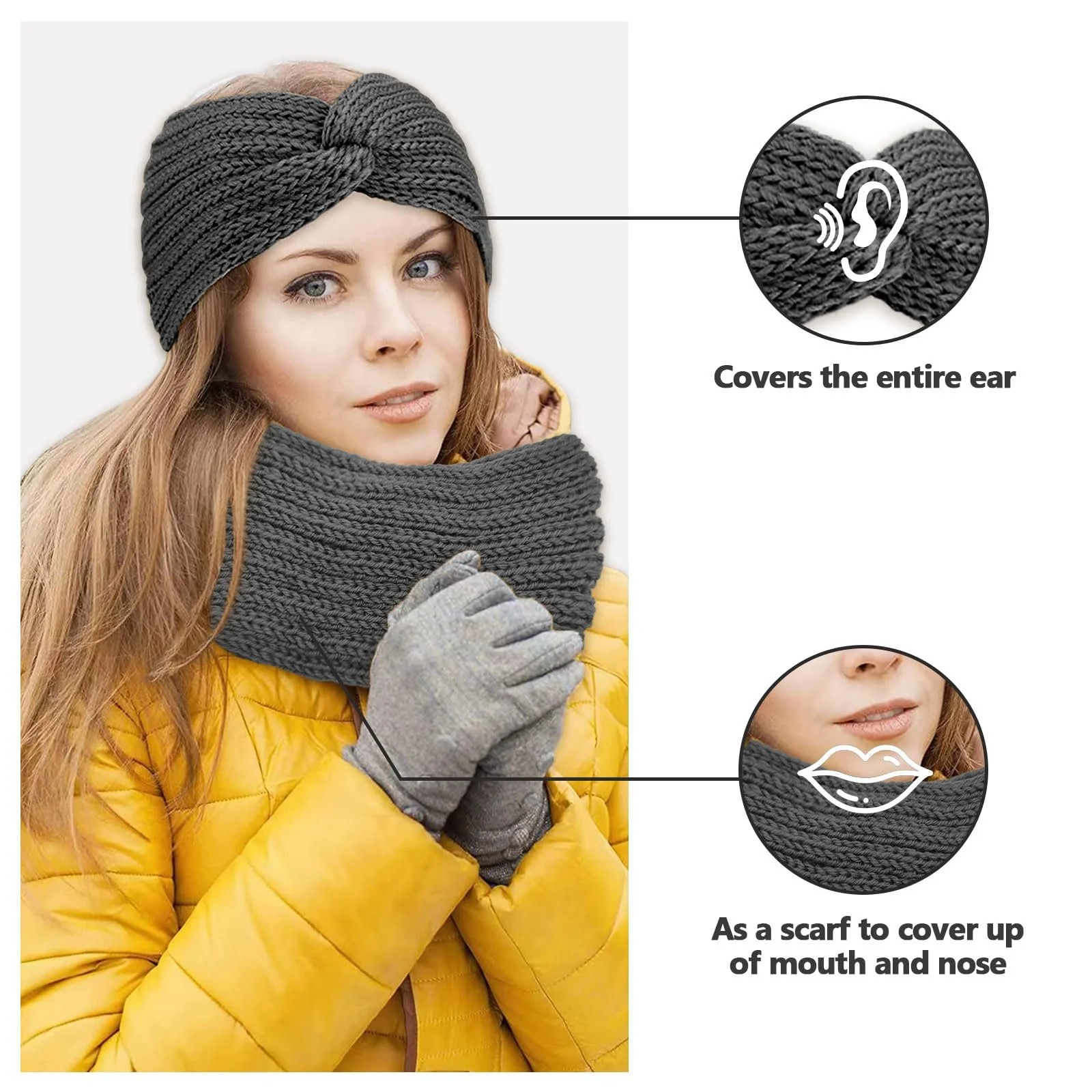 Зимова в'язана жіноча пов'язка на голову, фото №6 Зимова в'язана жіноча пов'язка на голову, фото №6