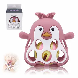 Погремушка-прорезыватель Farout Пингвин, игрушка для развития моторики Oball, розовый - Фото 1