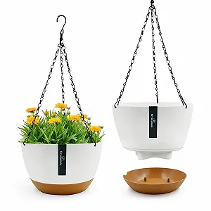 Підвісний квітковий горщик 21 см з ланцюжками, дренажними отворами та піддоном, набір 2 шт. - Фото 1