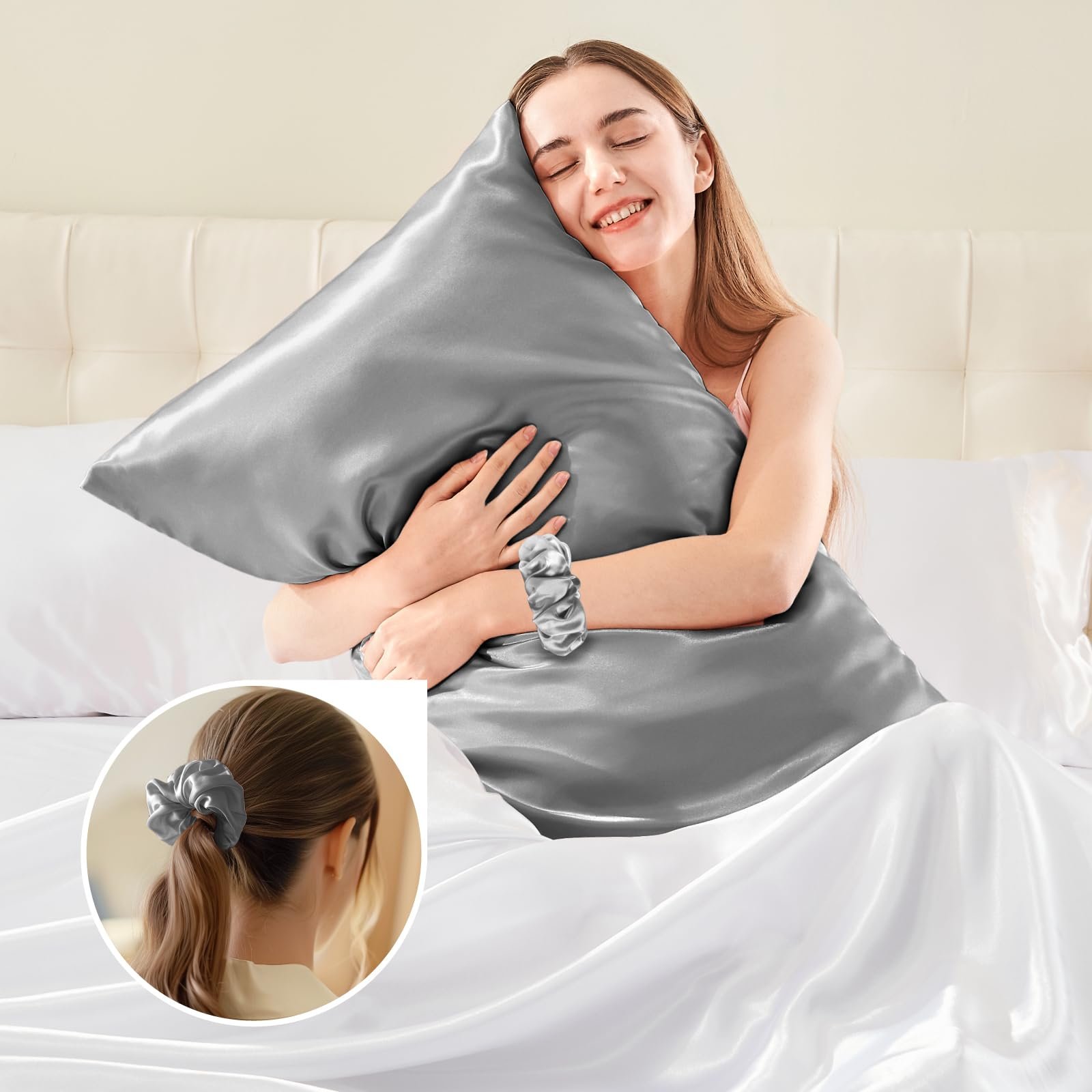 Наволочка BEDELITE Satin, 40 x 80 см, серая, набор 2 шт + 2 резинки для волос, фото №5