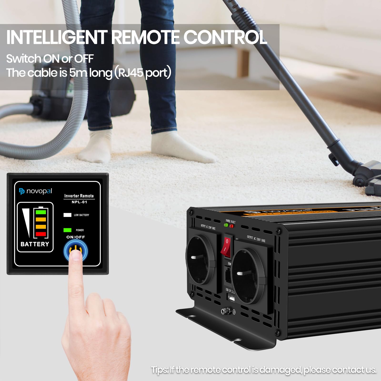 Конвертер Novopal 2500W Pure Sine Wave для автомобіля 24V на 230V з 2 європейськими розетками і USB портом з дистанційним керуванням 5 метрів пікової потужності 5000W, фото №3