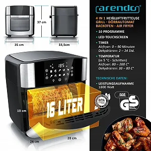 Мультипечь Arendo FRY TIME 2 XXL 16 л Гриль Дегидратор Сенсорный экран Черная synthetic.ua - Фото 1