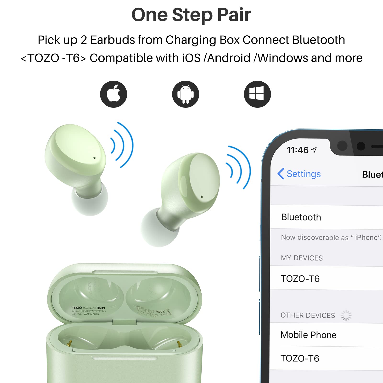 Bluetooth наушники TOZO T6 In-Ear сенсорное управление с зарядным футляром, водонепроницаемость IPX8, микрофон, для спорта, фото №4