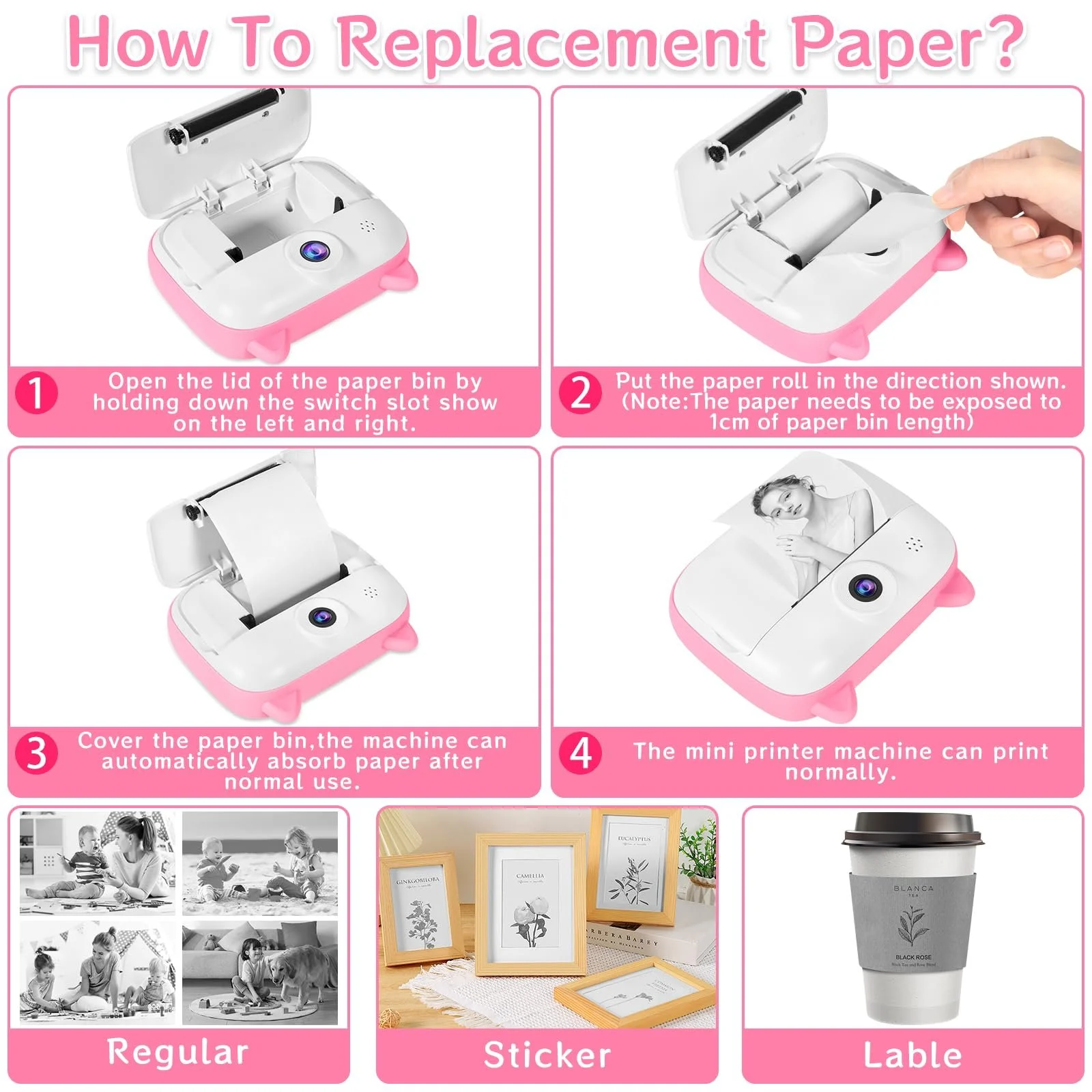 Детская фотокамера мгновенной печати 12MP 2.4-дюймовый экран 1080P с картой 32G, бумагой для печати и цветными ручками, фото №3