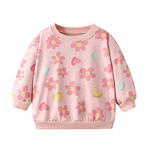 Світшот для дівчинки з квітковим і серцевим принтом, повсякденна, з круглим вирізом - Фото 1