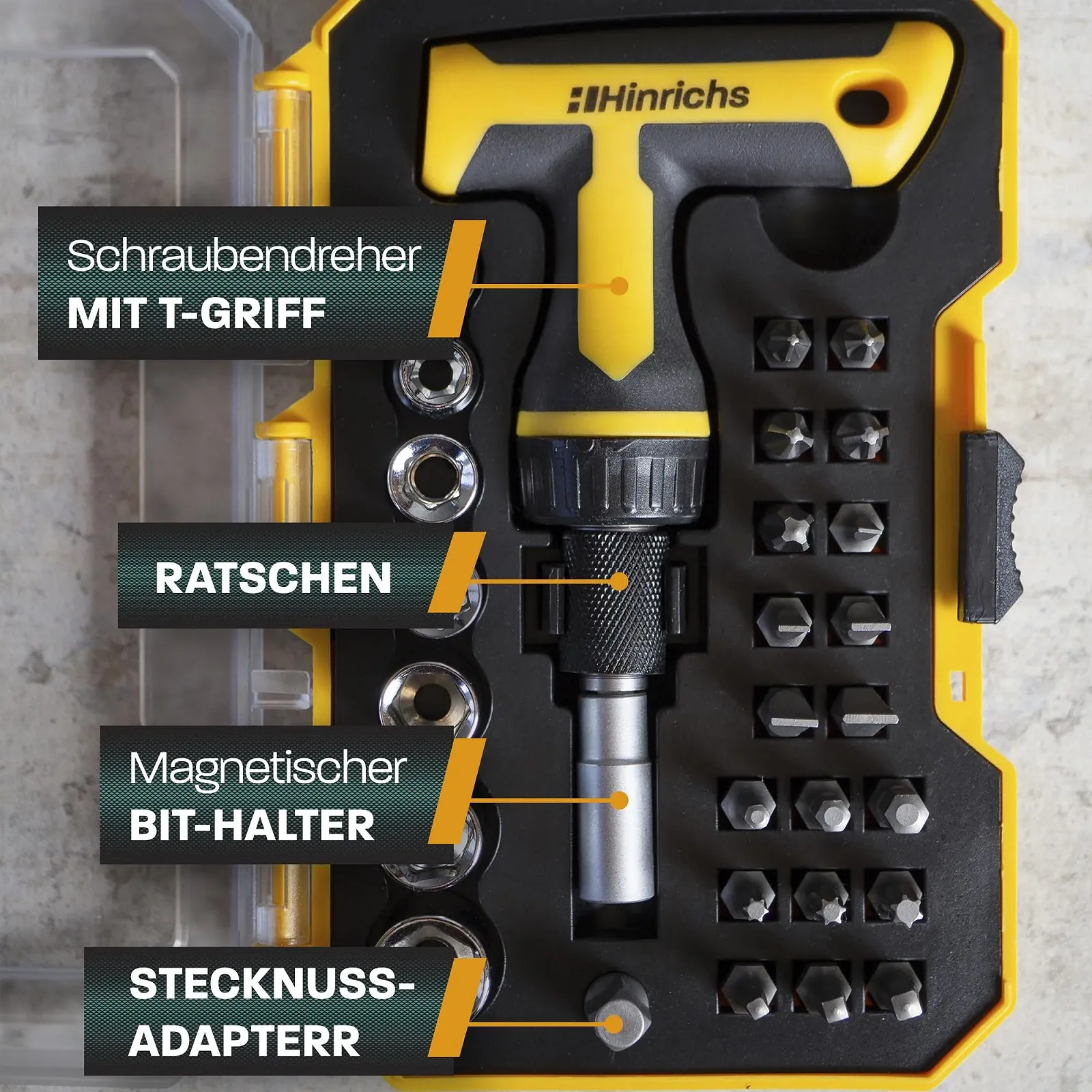 Набір викруток Hinrichs 2 предмети - Набір тріскачкових викруток 29 предметів з Т-подібною рукояткою і Набір прецизійних викруток 28 предметів - Інструментальний набір для прецизійної механіки - Мультиніжковий набір, фото №2