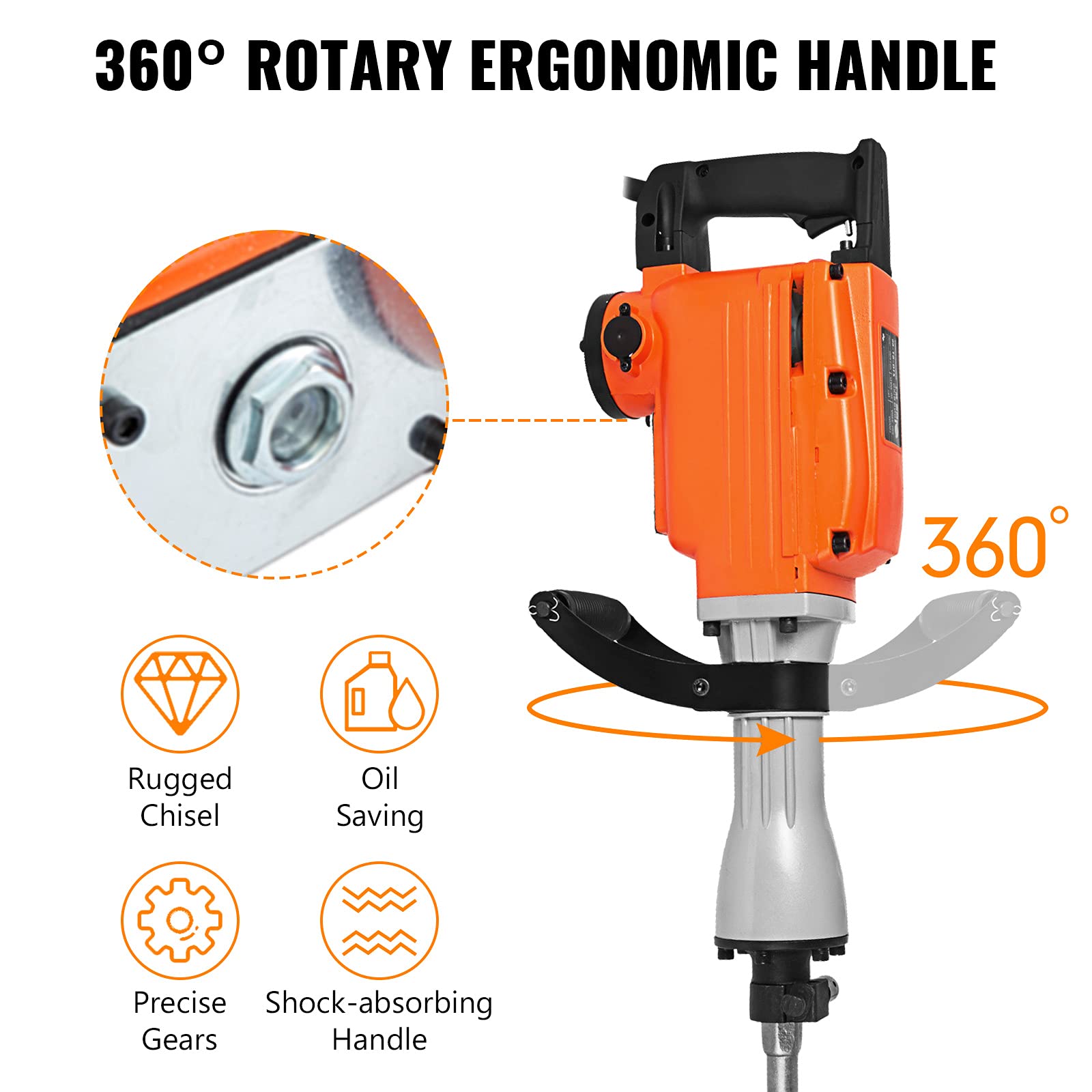 Электрический отбойный молоток Vevor 220В 2200W 28 x 12 x 7 Дюймов Разрыхлитель с 2 заостренными/плоскими зубилами защитными очками перчатками, фото №4 Электрический отбойный молоток Vevor 220В 2200W 28 x 12 x 7 Дюймов Разрыхлитель с 2 заостренными/плоскими зубилами защитными очками перчатками, фото №4