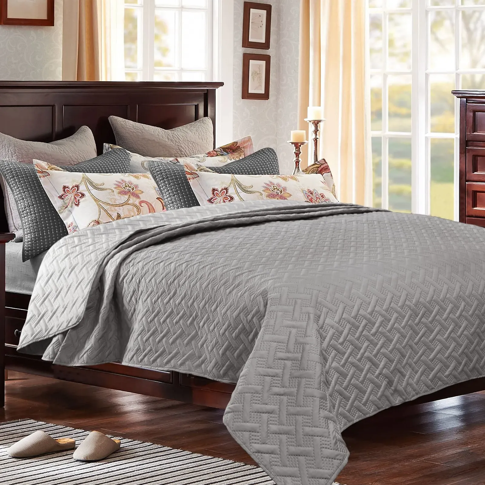 Покривало WOLTU, 170 x 210 см, темно-сірий і світло-сірий клаптиковий двосторонній дизайн, фото №4