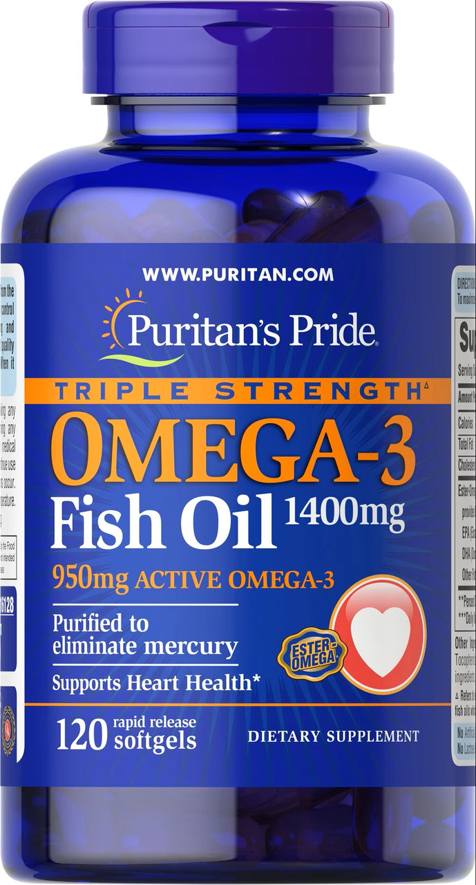 Омега-3 Puritan's Pride Omega-3 Fish Oil Triple Strength 1400 mg 90 Softgels, фото №1