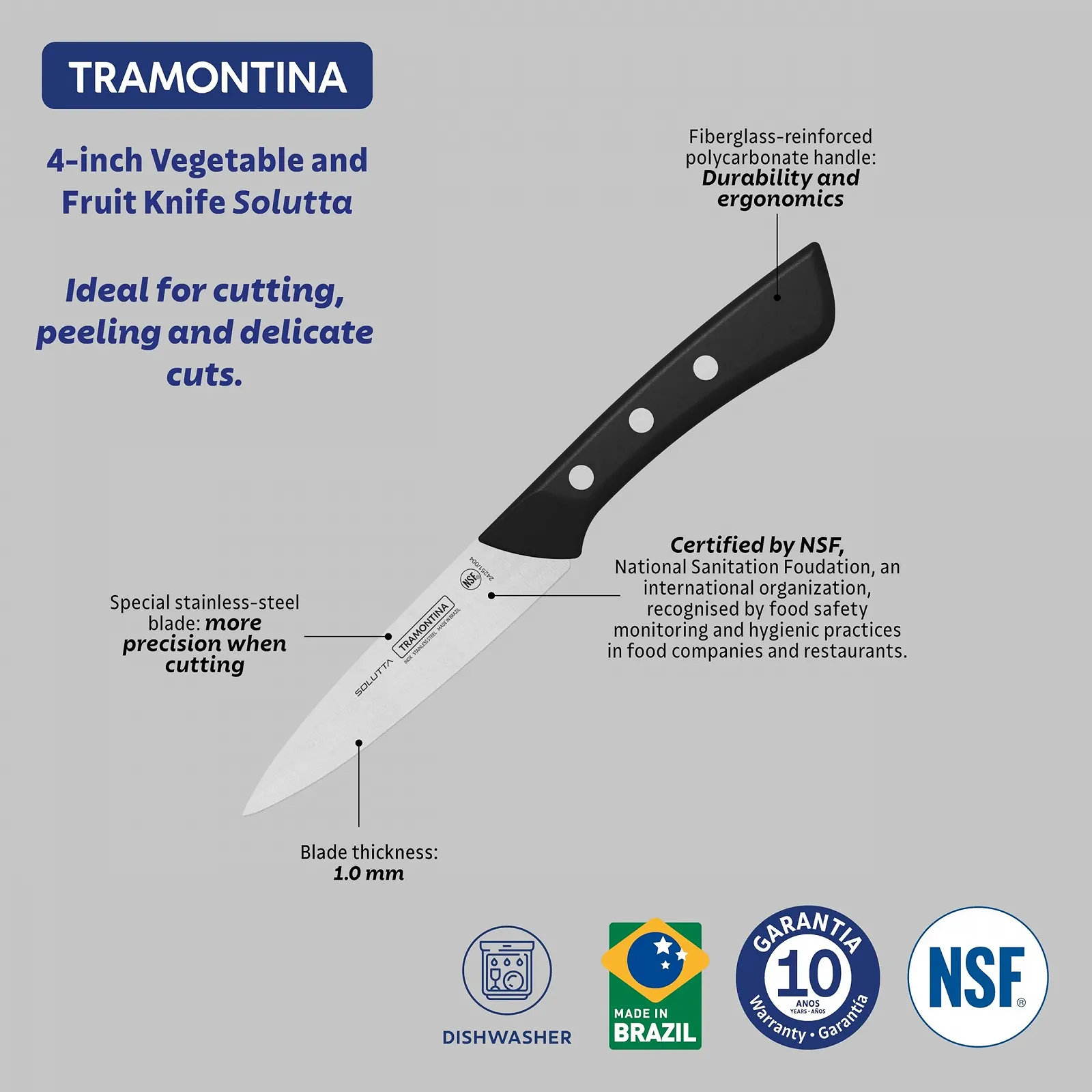 Ніж кухонний Tramontina SOLUTTA для очищення 10 см, з нержавіючої сталі, фото №5 Ніж кухонний Tramontina SOLUTTA для очищення 10 см, з нержавіючої сталі, фото №5