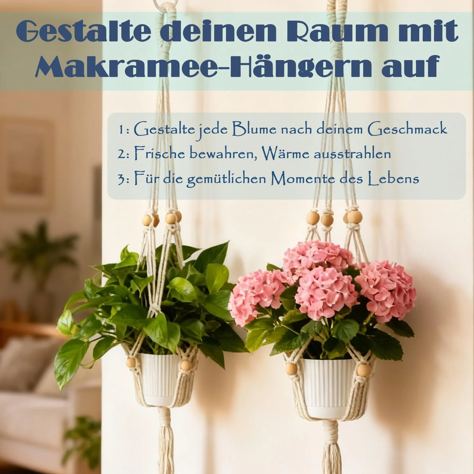 Подвесное кашпо макраме 2 шт. Хлопковый держатель для растений в стиле бохо с кисточками и крючками 90 см Белый, фото №3