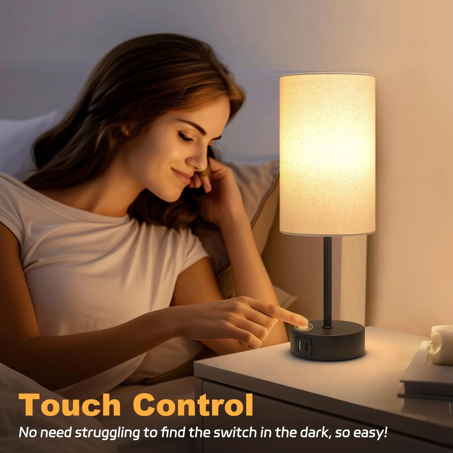 Настільна лампа Touch Dimmable USB A+C Linen Lampshade, фото №3
