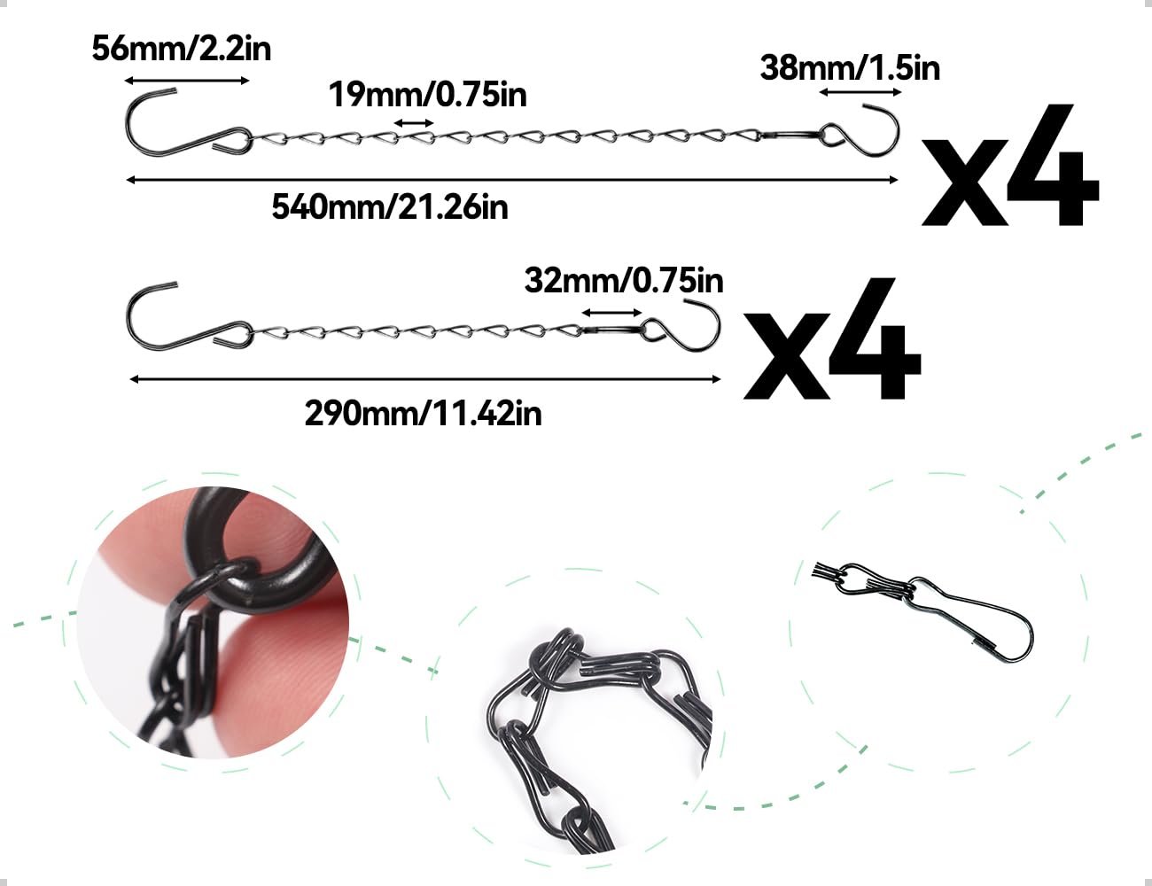 Набор цепочек для подвесных корзин 8 штук Металлические с крючками 29 см и 54 см Черный, фото №2
