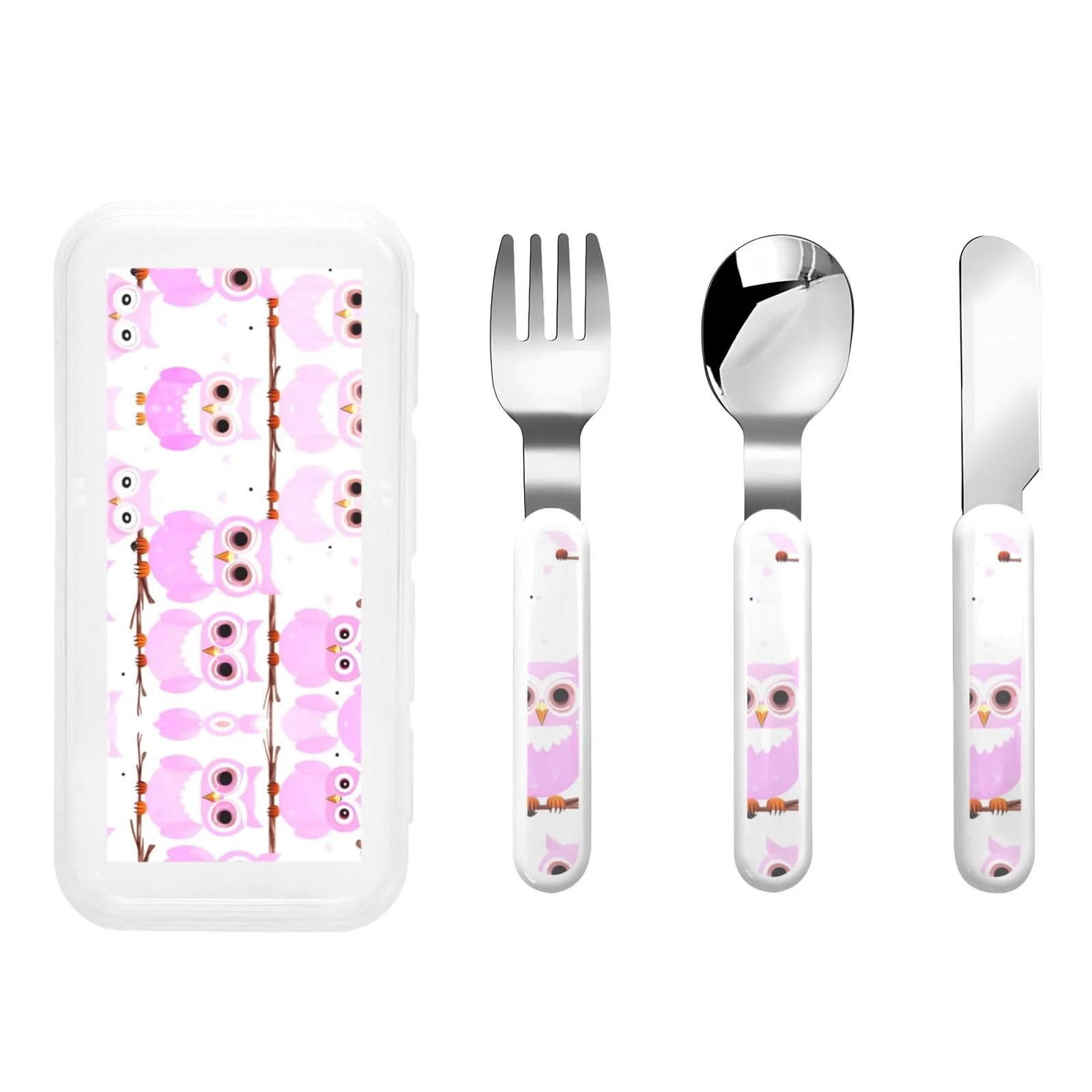 Набір дитячих столових приборів з трьох предметів з принтом милої сови багаторазовий, фото №1 Набір дитячих столових приборів з трьох предметів з принтом милої сови багаторазовий, фото №1