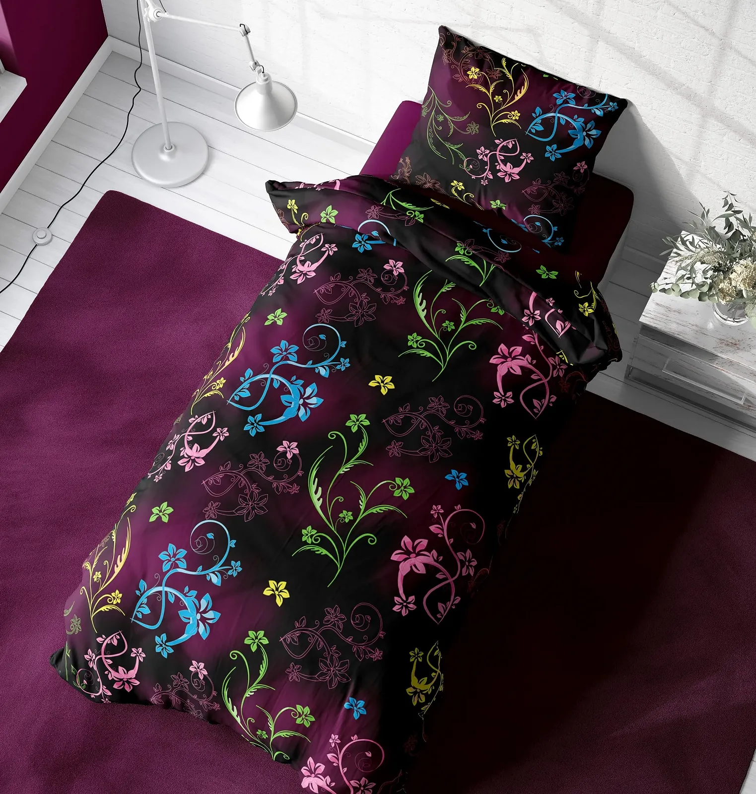 Постільна білизна one-home Floral B-Ware 135x200 см мікрофібра наволочка 80x80 см з блискавкою чорна з квітковим принтом, фото №4