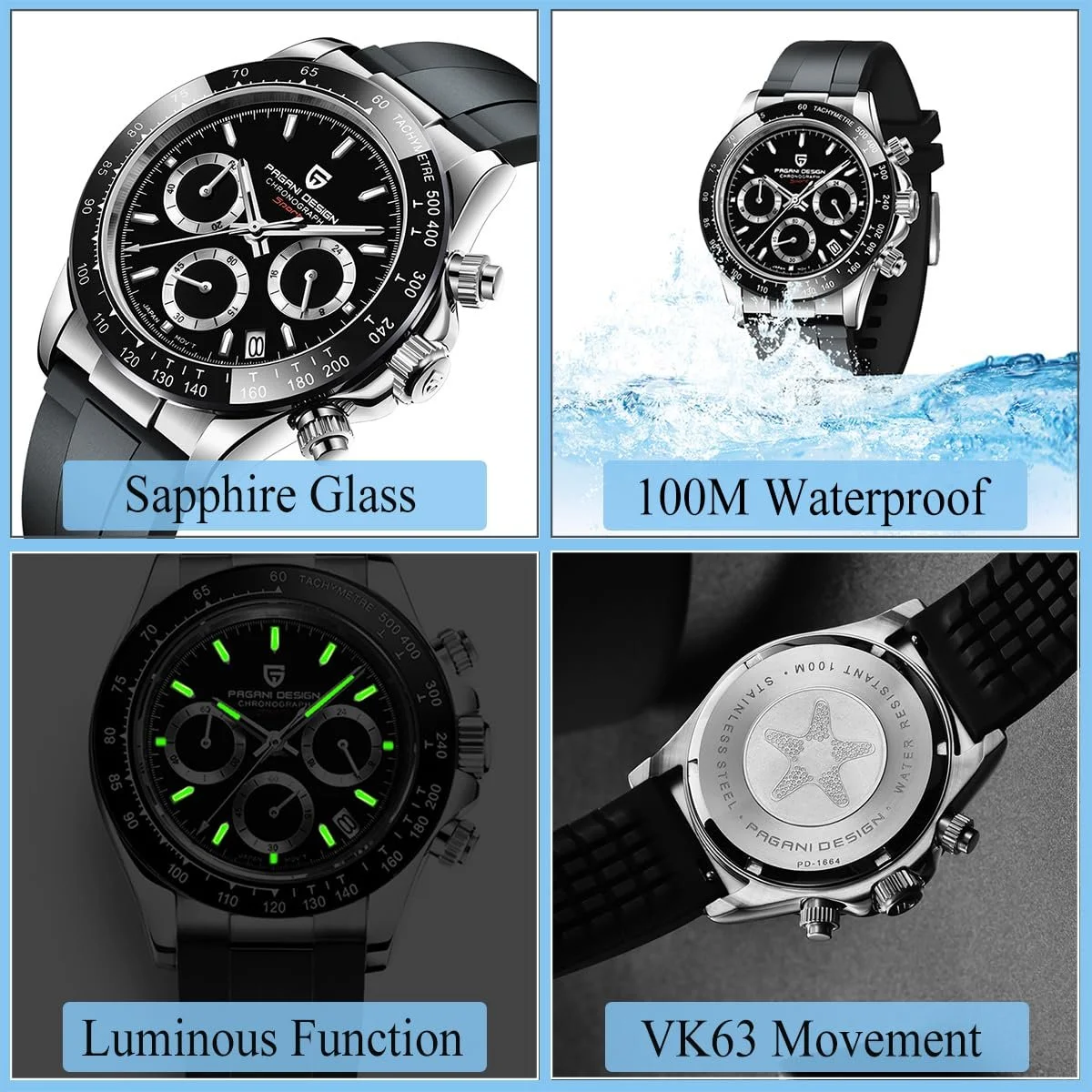 Мужские часы Pagani Design VK63 Daytona Chronograph Homage Кварцевые часы Керамический безель Нержавеющая сталь Спортивный резиновый ремешок Водонепроницаемые, фото №3