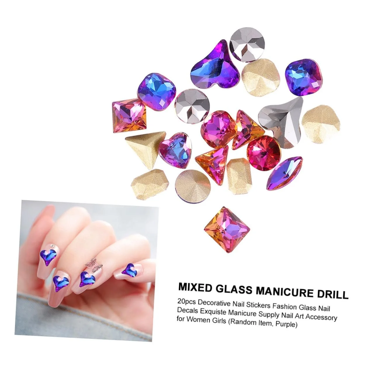 Наклейки скляні WOONEKY 20 шт. Аксесуари для самоклеючі декорації для творчого нейл-арту для жінок та дівчат, випадкові дизайни, фото №2