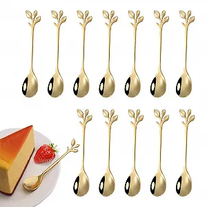 Ложка Кавова з нержавіючої сталі, Лист, Набір 12 штук, Дизайн Гілки, Золотий - Фото 1