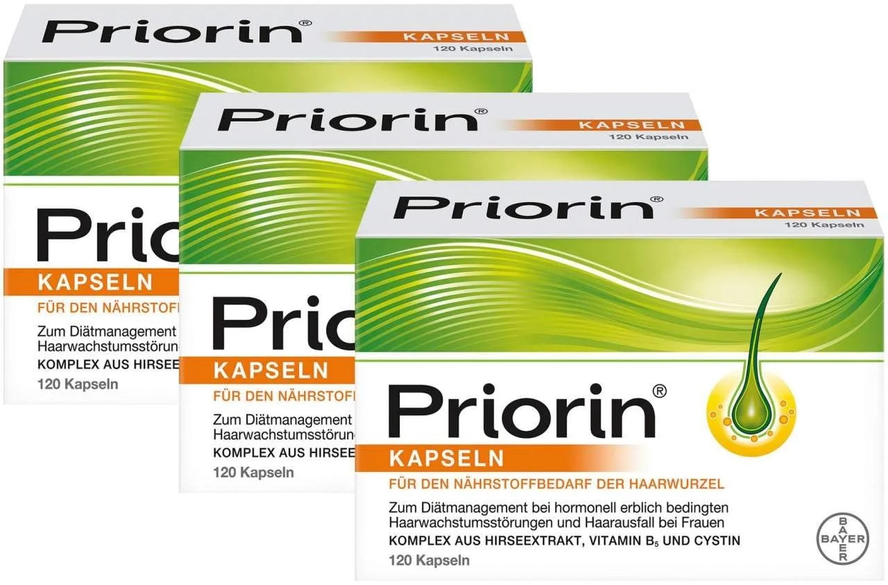 Капсули PRIORlN 3 x 120 Капсул для волосся з поживними речовинами - при гормональному спадковому випадінні волосся та розладах росту волосся, фото №1