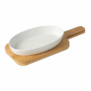 Форма для запекания керамическая овальная с деревянной подставкой - Фото 1