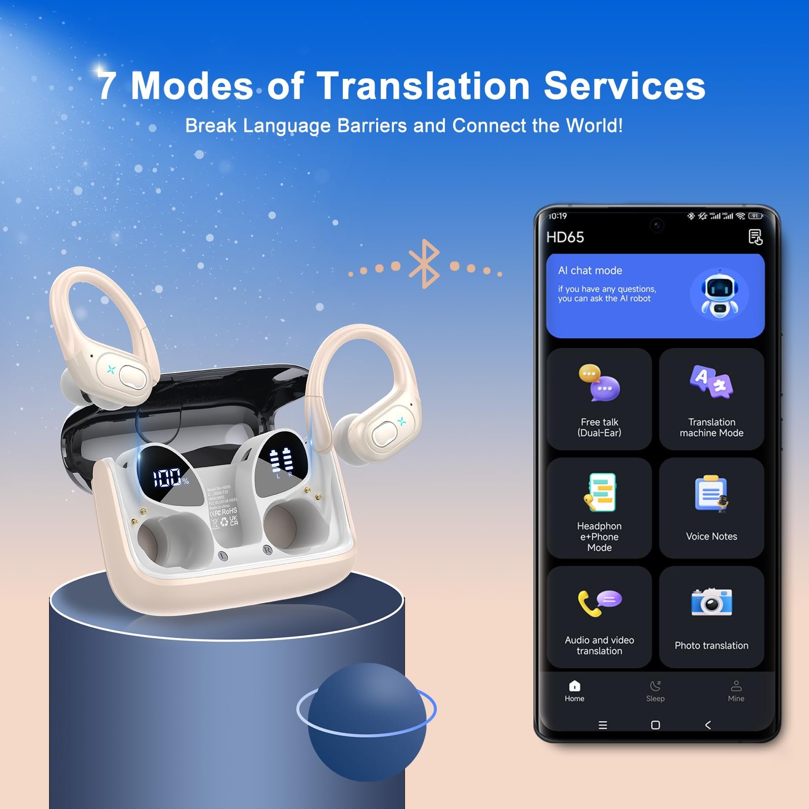 Навушники-перекладачі AI, Bluetooth 5.4 3-в-1, для голосового перекладу в реальному часі 164 мовами з додатком, 75 годин роботи, фото №2