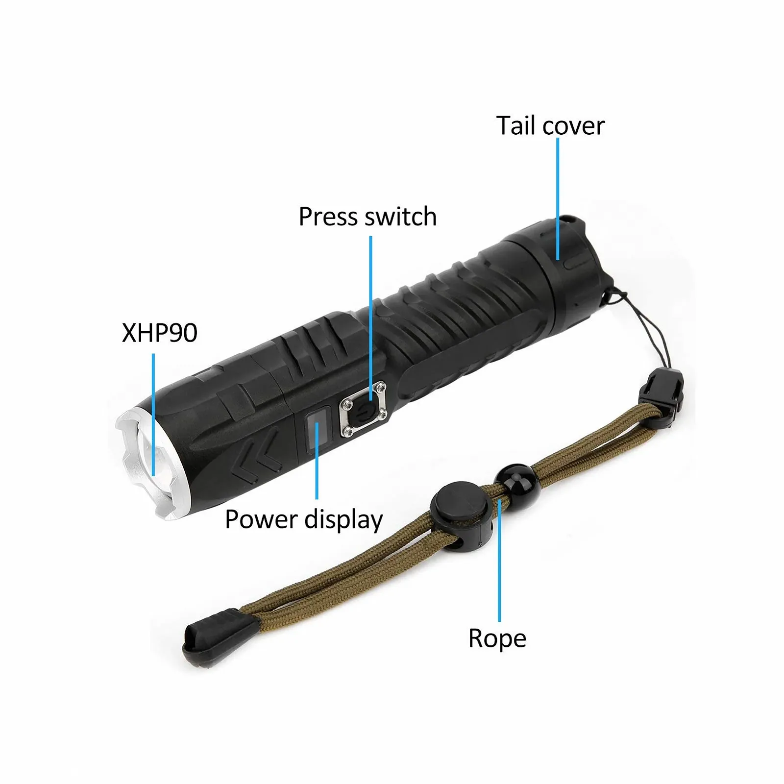 Фонарик Pilipane Ultra Bright Zoomable Focusing LED USB Перезаряжаемый Интеллектуальный Дисплей Питания для Кемпинга Пешего Туризма Алюминиевый Сплав 16 см 205 г, фото №4