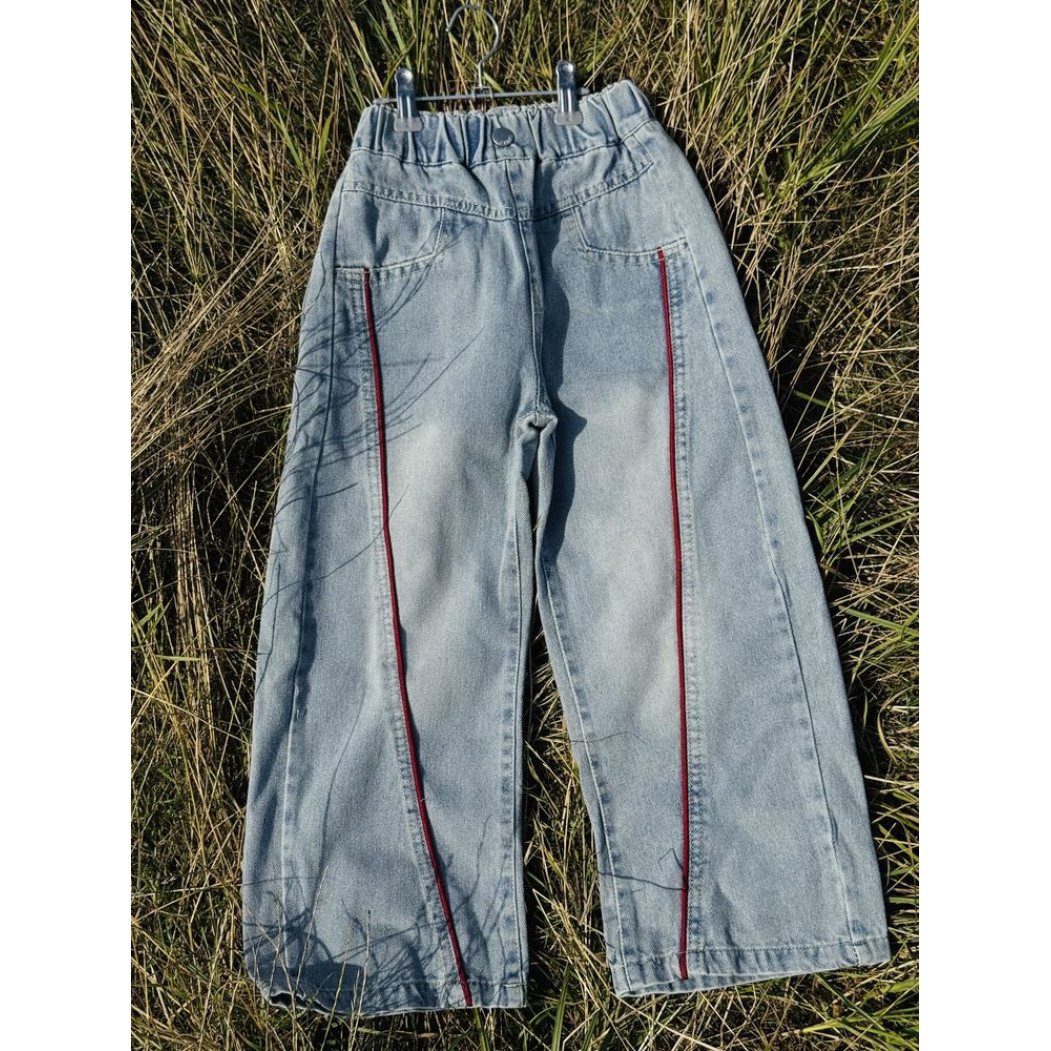 Джинси oversize для дівчинки з червоною смужкою 1201-70 см широкі джинси street style, фото №4
