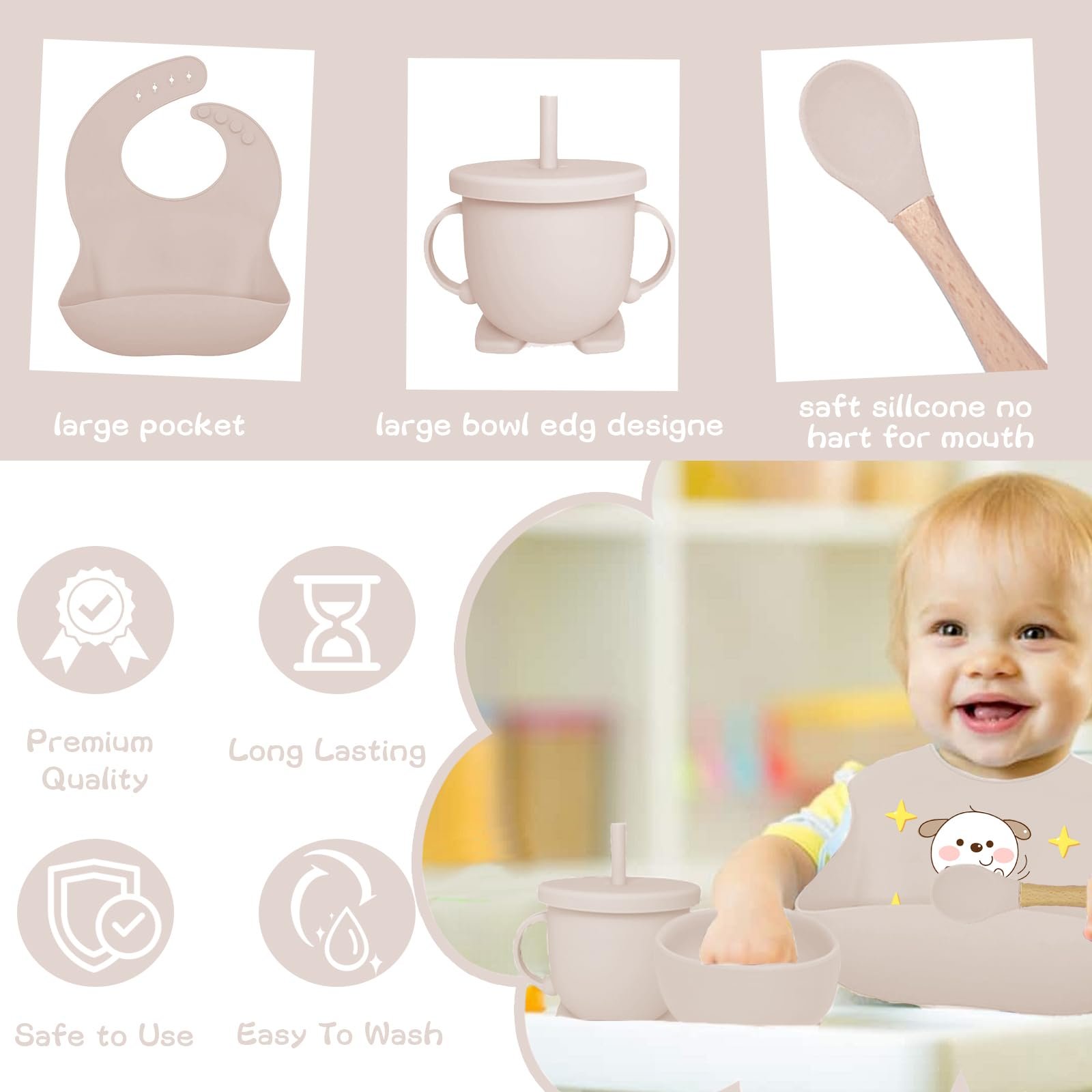 Набор детской посуды Bizcasa силиконовый 8 предметов, нескользящий, с присоской, бежевый, фото №2 Набор детской посуды Bizcasa силиконовый 8 предметов, нескользящий, с присоской, бежевый, фото №2